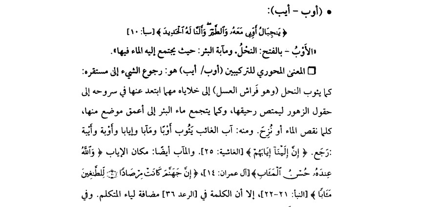 « (أوب - أيب):
ل أو مَعَهُم ويروا ديد » (سبا: ‎]٠١‏

«الأَوْبُ - بالفتح: النخل. ومآبة البثر: حيث يجت