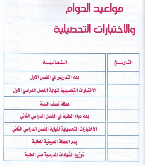 مواعيد الدوام
والاختبارات التحصيلية

 

 

الفعالية
بد التدريس في الفصل الاول
الاختبارات التحصيلية ل