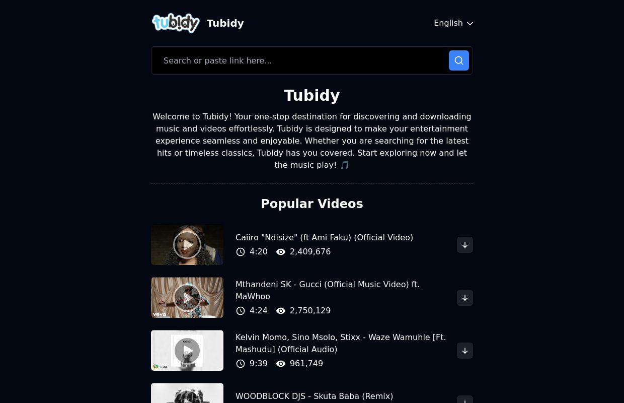 Tubidy - Unlimited Songs MP3 Music Download & Video MP4 (Free Ads)