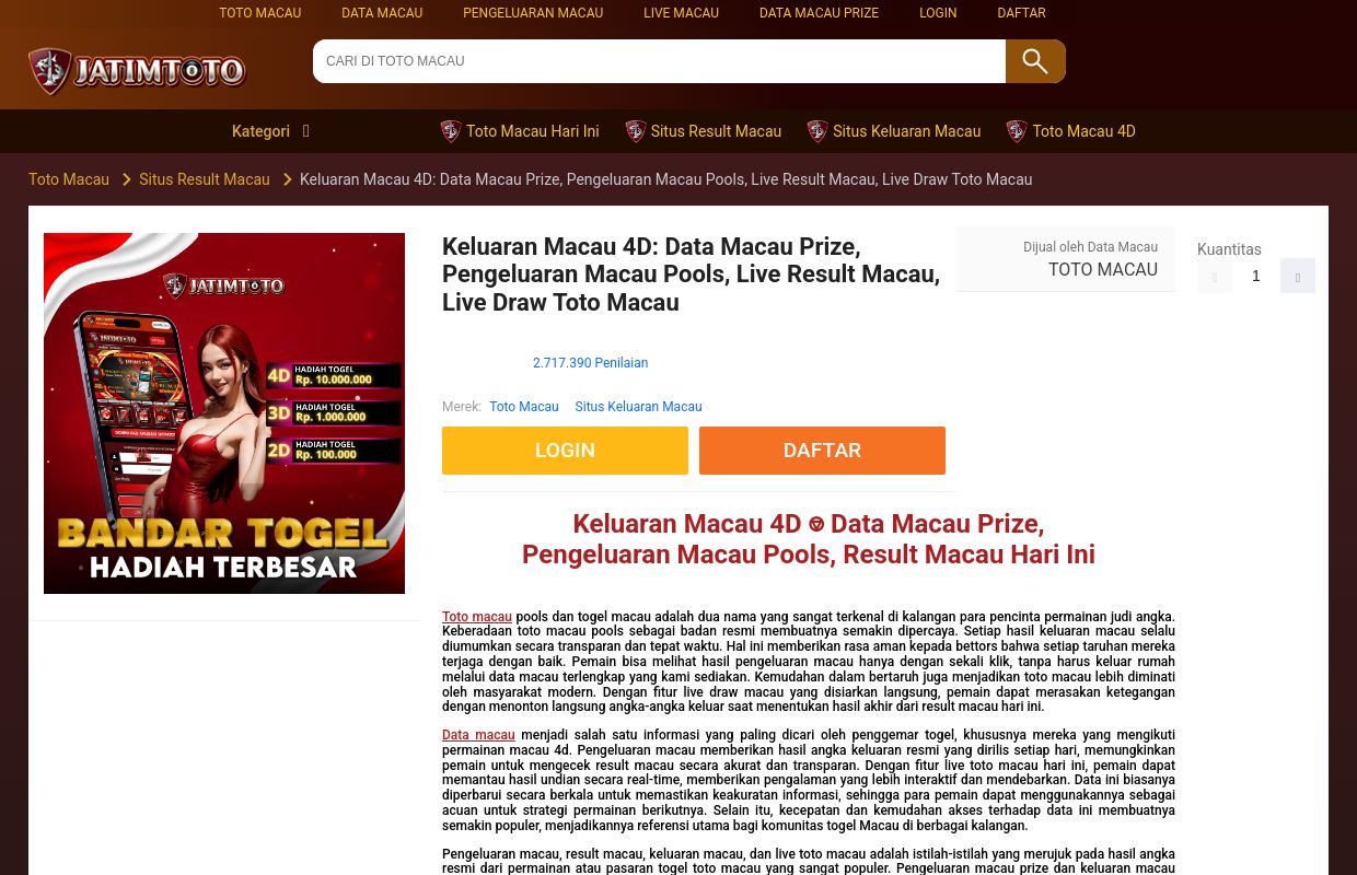Keluaran Macau 4D: Data Macau Prize, Pengeluaran Macau Pools, Live Result Macau, Live Draw Toto Macau