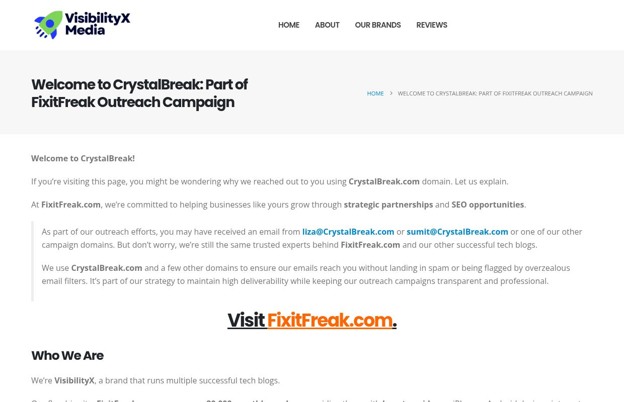 Welcome to CrystalBreak: Part of FixitFreak Outreach Campaign – VisibilityX Media
