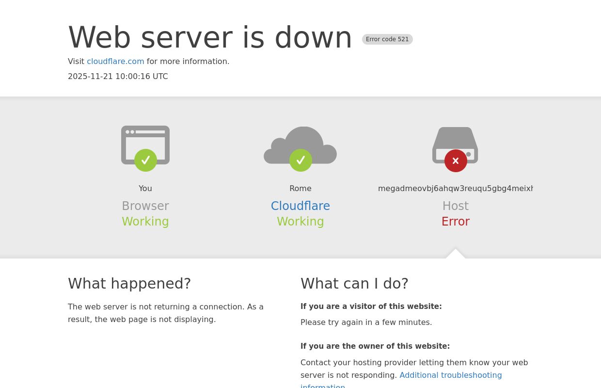 megadmeovbj6ahqw3reuqu5gbg4meixha2js2in3ukymwkwjqqib6tqd.net | 521: Web server is down