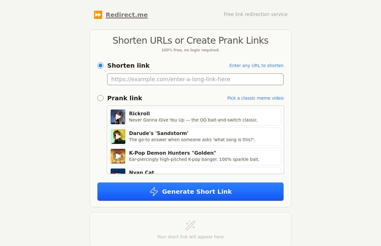
      Redirect.me | Free link redirection service to shorten URLs, hide referrer, and track clicks.
    