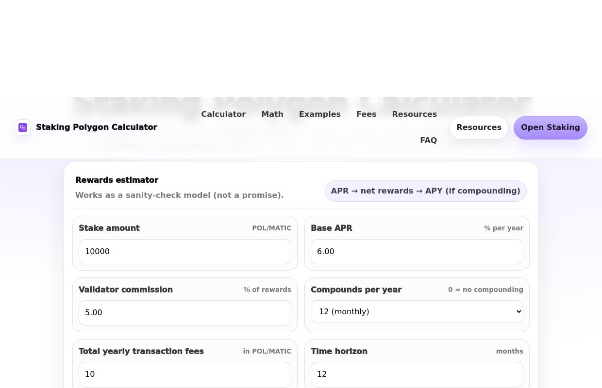 Staking Polygon Calculator — POL/MATIC Rewards Estimator, APY vs APR, Fees, Compounding & FAQ (2026)