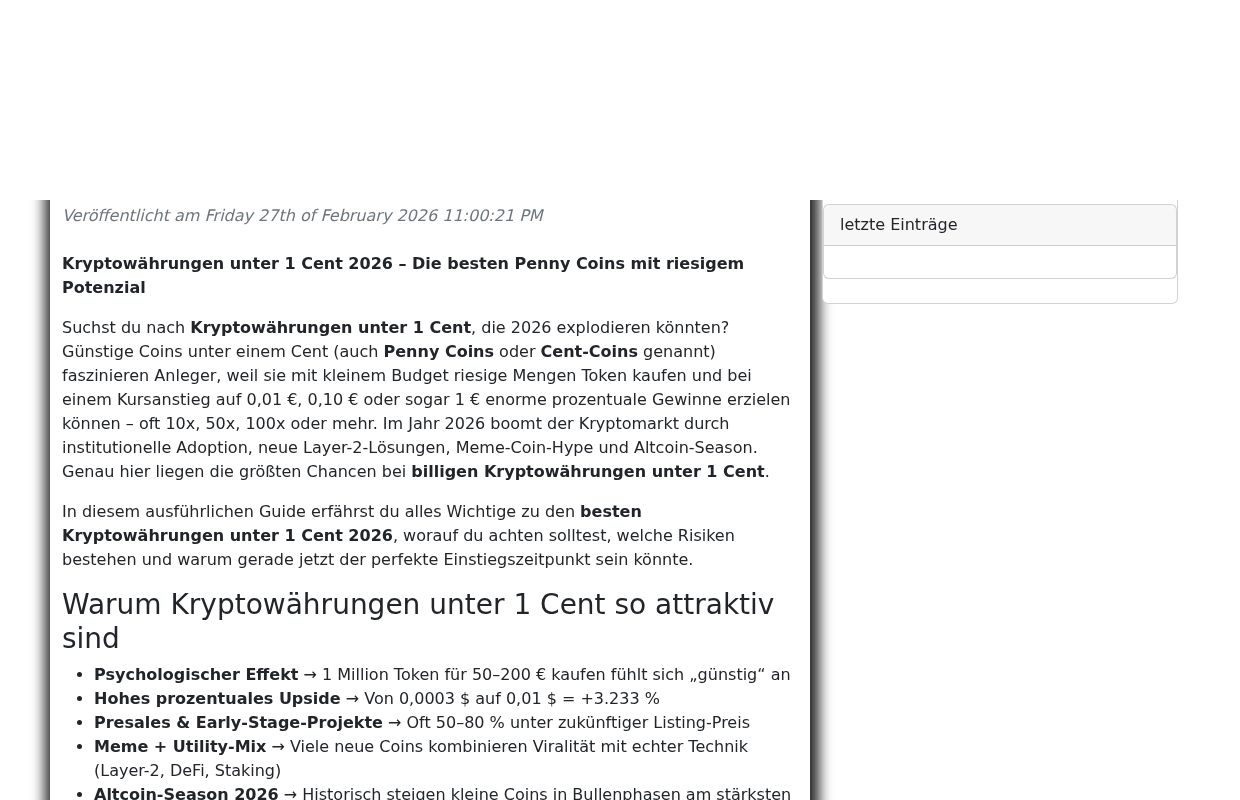 Kryptowährungen unter 1 Cent 2026