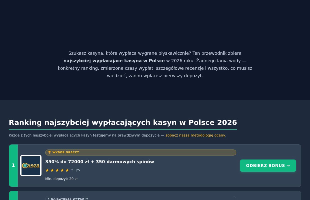 Najszybciej wypłacające kasyna w Polsce 2026 – Ranking Top 6