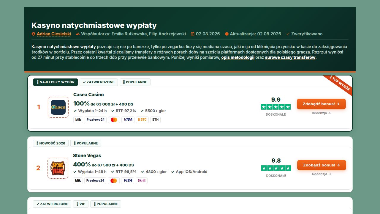 Kasyno natychmiastowe wypłaty 2026 – Ranking w Polsce