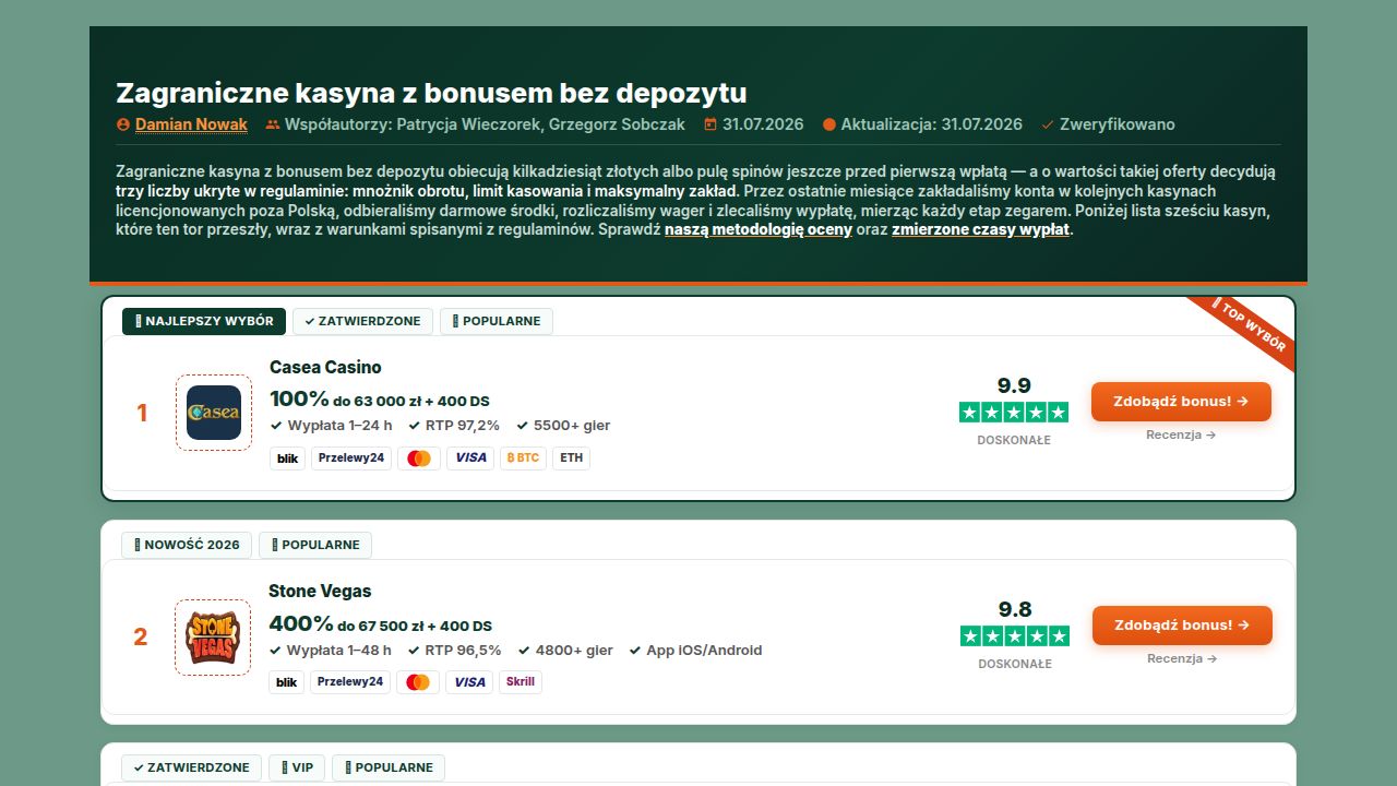 Zagraniczne kasyna z bonusem bez depozytu – lista 2026