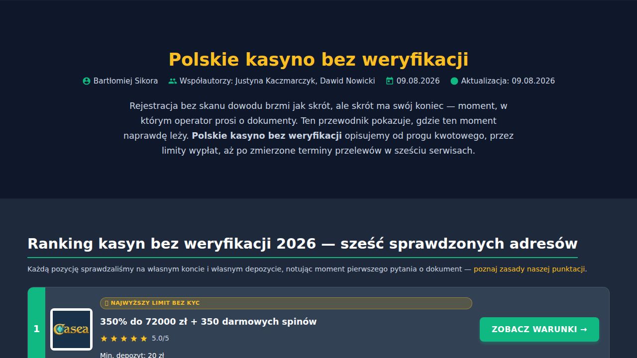 Polskie kasyno bez weryfikacji 2026: TOP 6, KYC i wypłaty