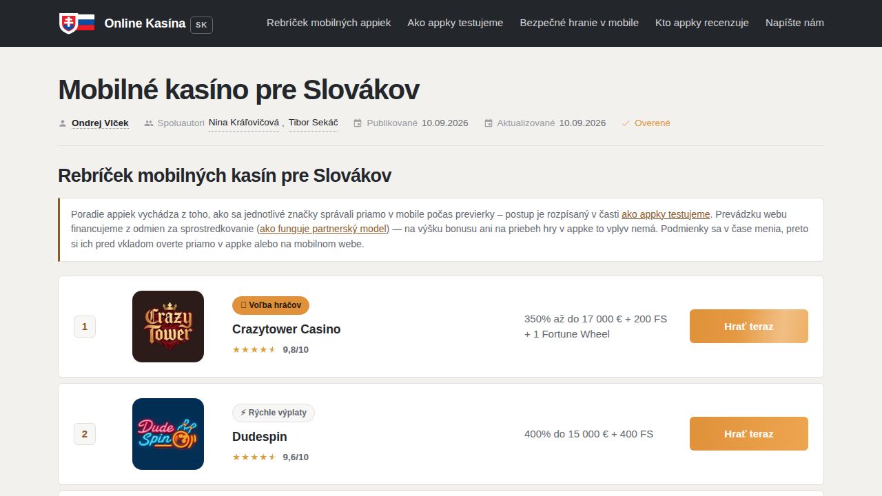 Mobilné kasíno pre Slovákov — appka, PWA a mobilný web