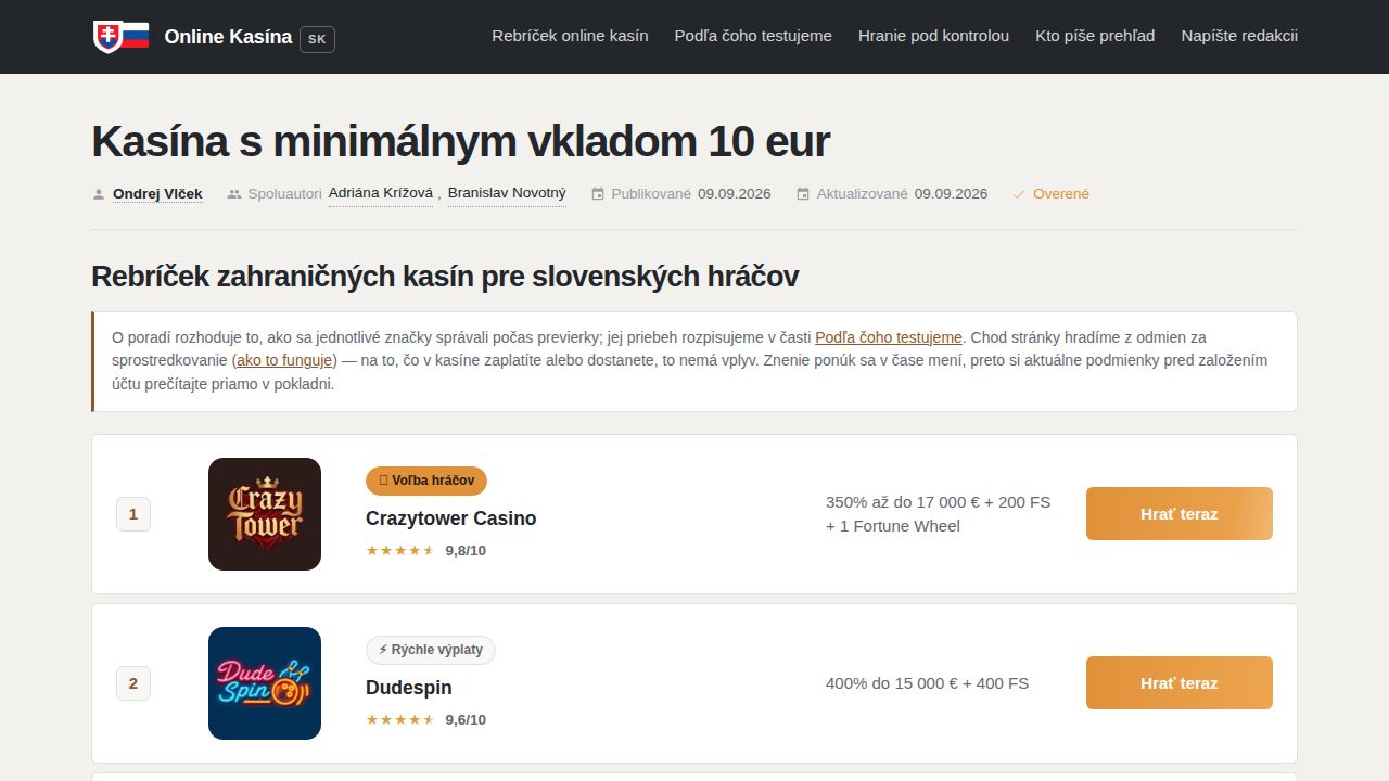 Kasína s minimálnym vkladom 10 eur — bonusy a poplatky