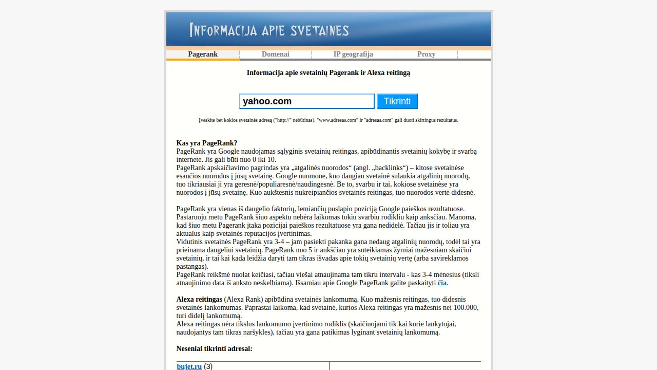 PageRank, Alexa reitingas, info apie www svetaines