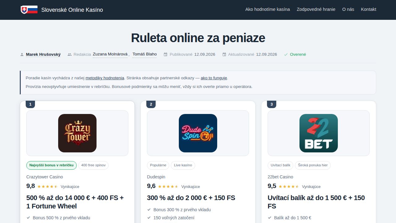 Ruleta online za peniaze (2026): pravidlá, RTP a kasína