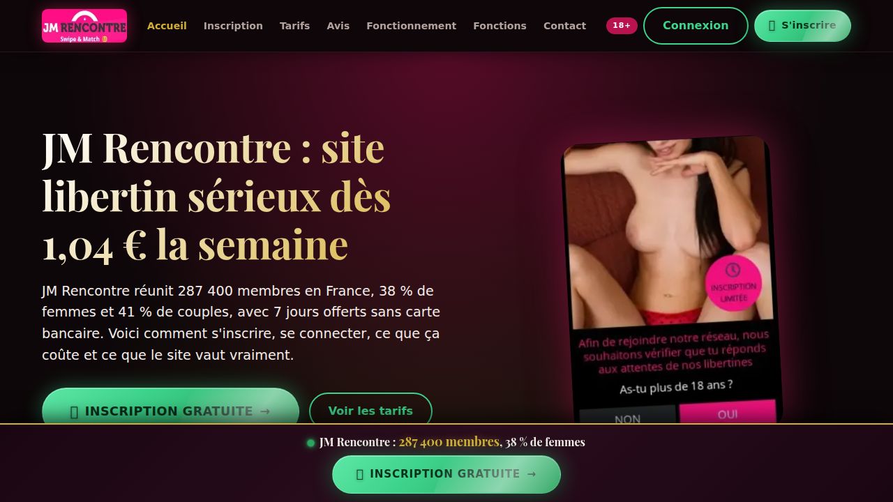 JM Rencontre : site libertin sérieux, 7 jours offerts, dès 1,04 € (2026)