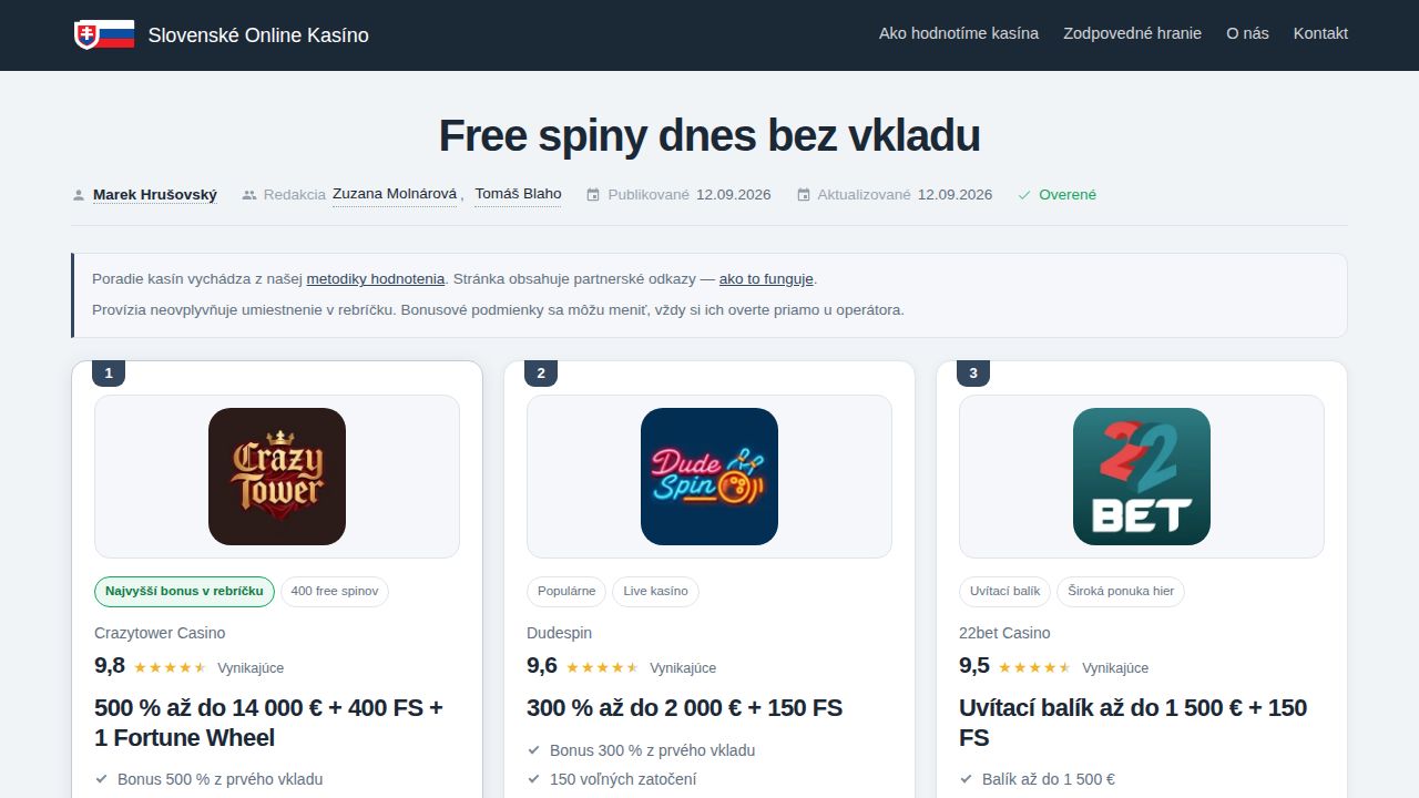 Free spiny dnes bez vkladu (2026): reálna ponuka a podmienky