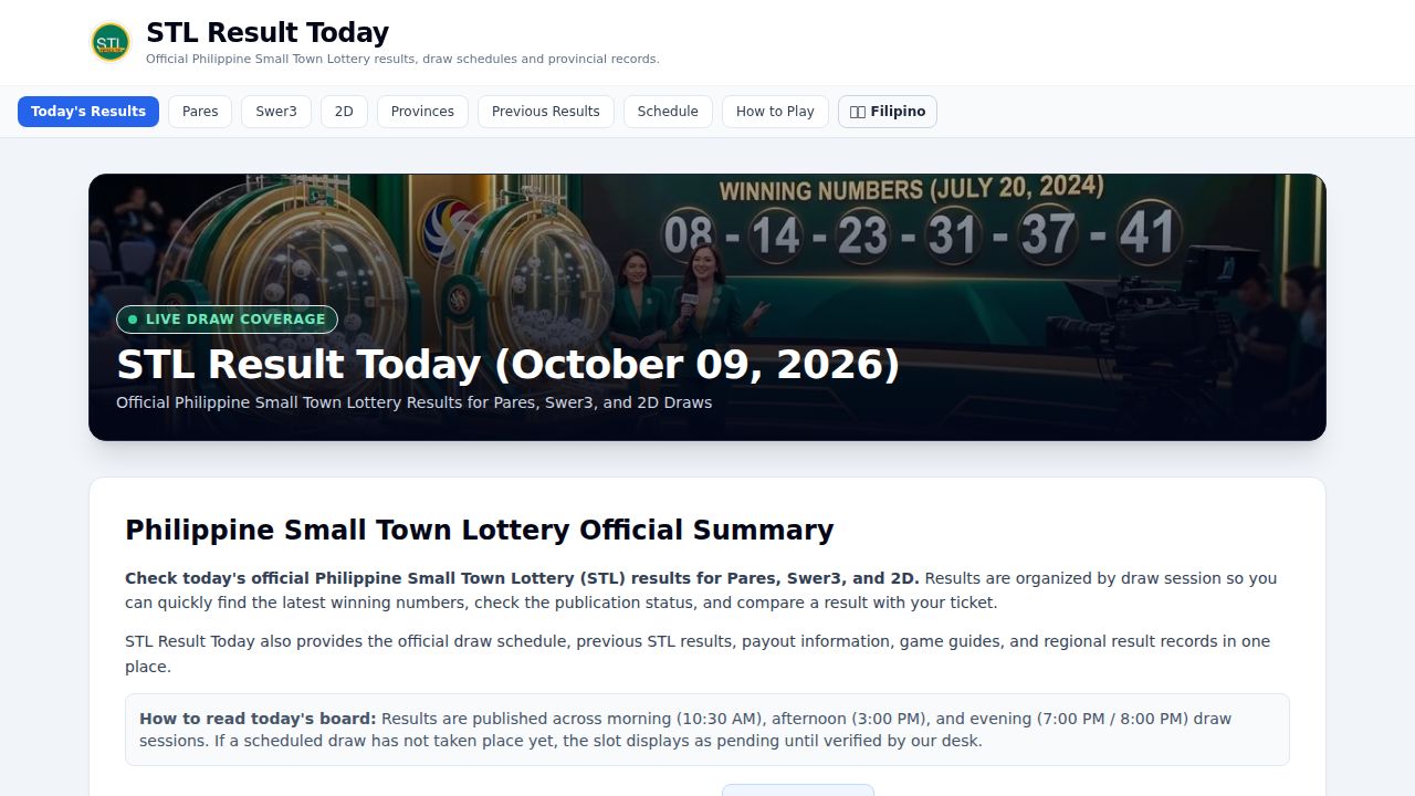 STL Result Today 9 Oct 2026 | Pares, Swer3, 2D Live Draws