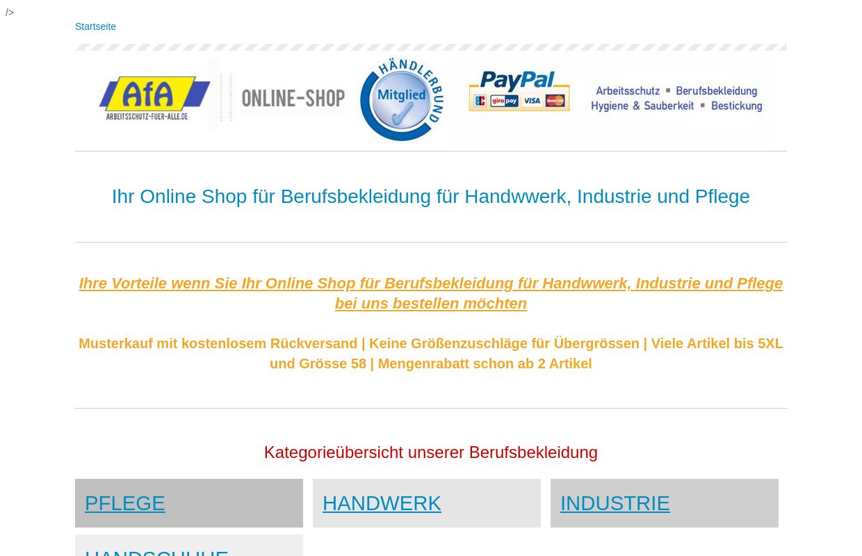 Berufsbekleidung für Handwerk, Industrie und Pflege - ARBEITSHOSEN - ARBEITSHANDSCHUHE - KASACKS - ARZTKITTEL