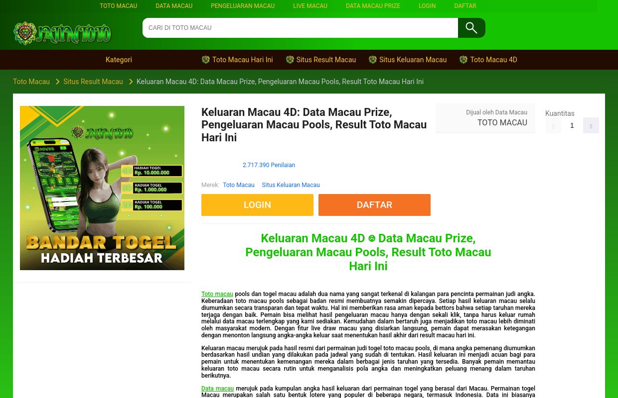 Keluaran Macau 4D: Data Macau Prize, Pengeluaran Macau Pools, Result Toto Macau Hari Ini