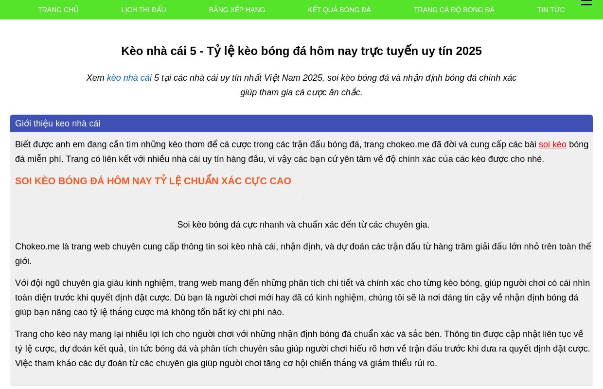 Kèo nhà cái 5 - Tỷ lệ kèo bóng đá hôm nay trực tuyến uy tín 2025