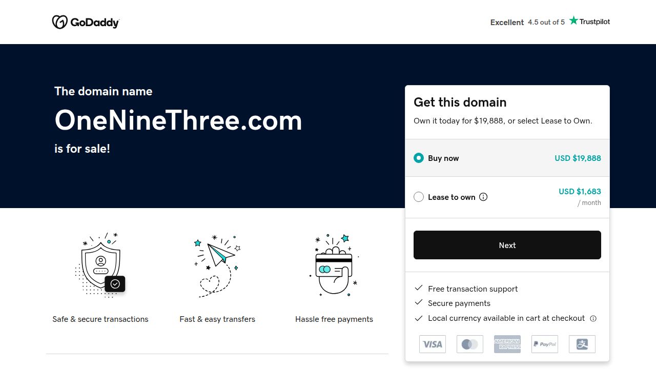 oneninethree.com is for sale — Buy for $19,888 or Lease to Own | GoDaddy