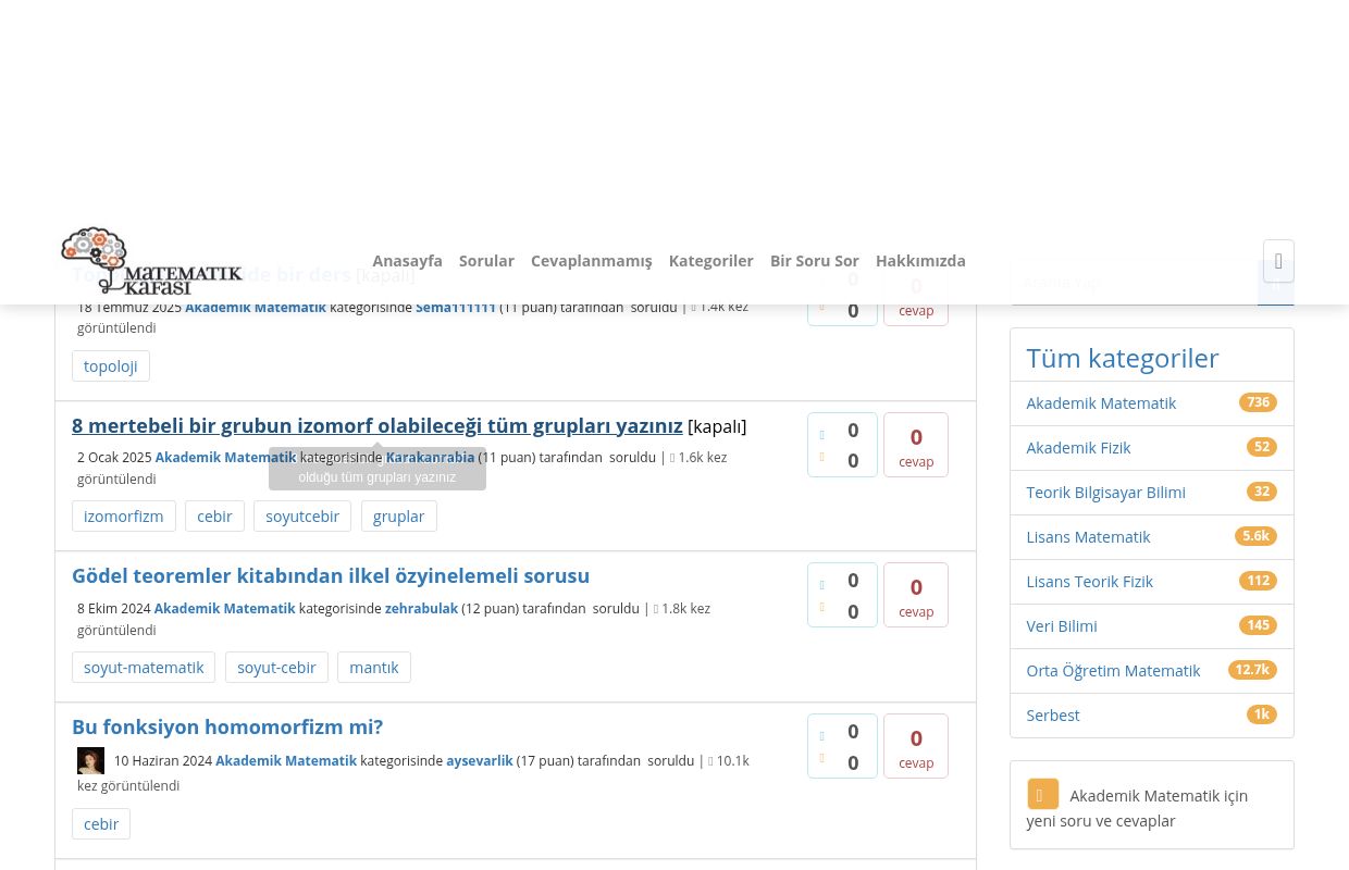 Akademik Matematik için yeni soru ve cevaplar - Matematik Kafası
