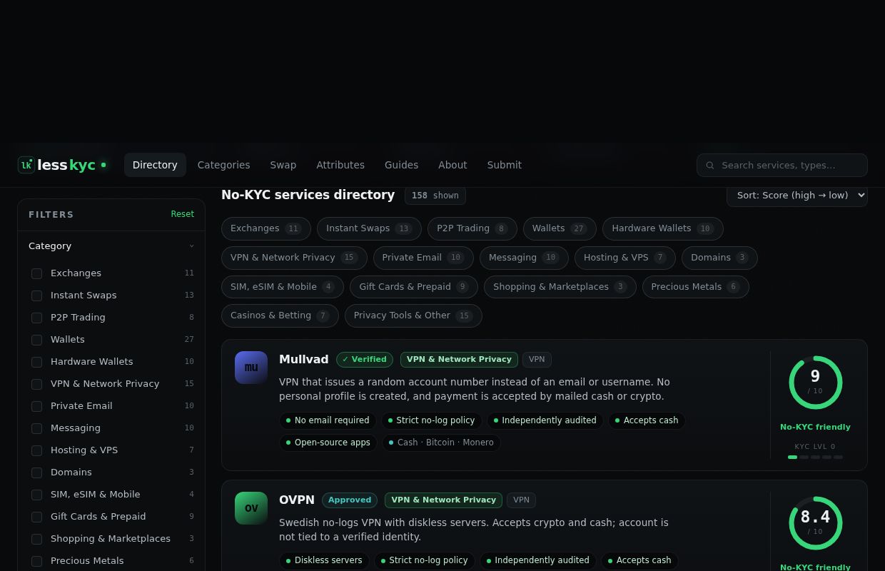 LessKYC — No-KYC Services Directory | Reviews & Privacy Scores