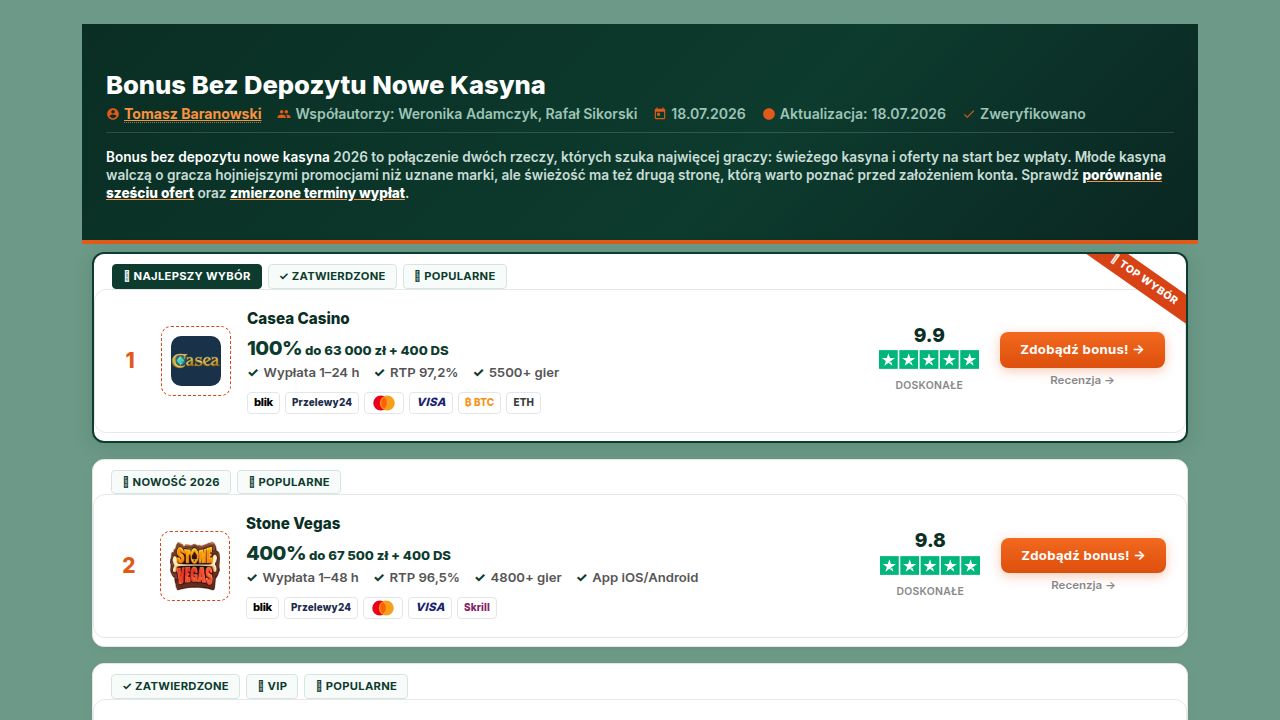 Bonus Bez Depozytu Nowe Kasyna 2026 – Ranking