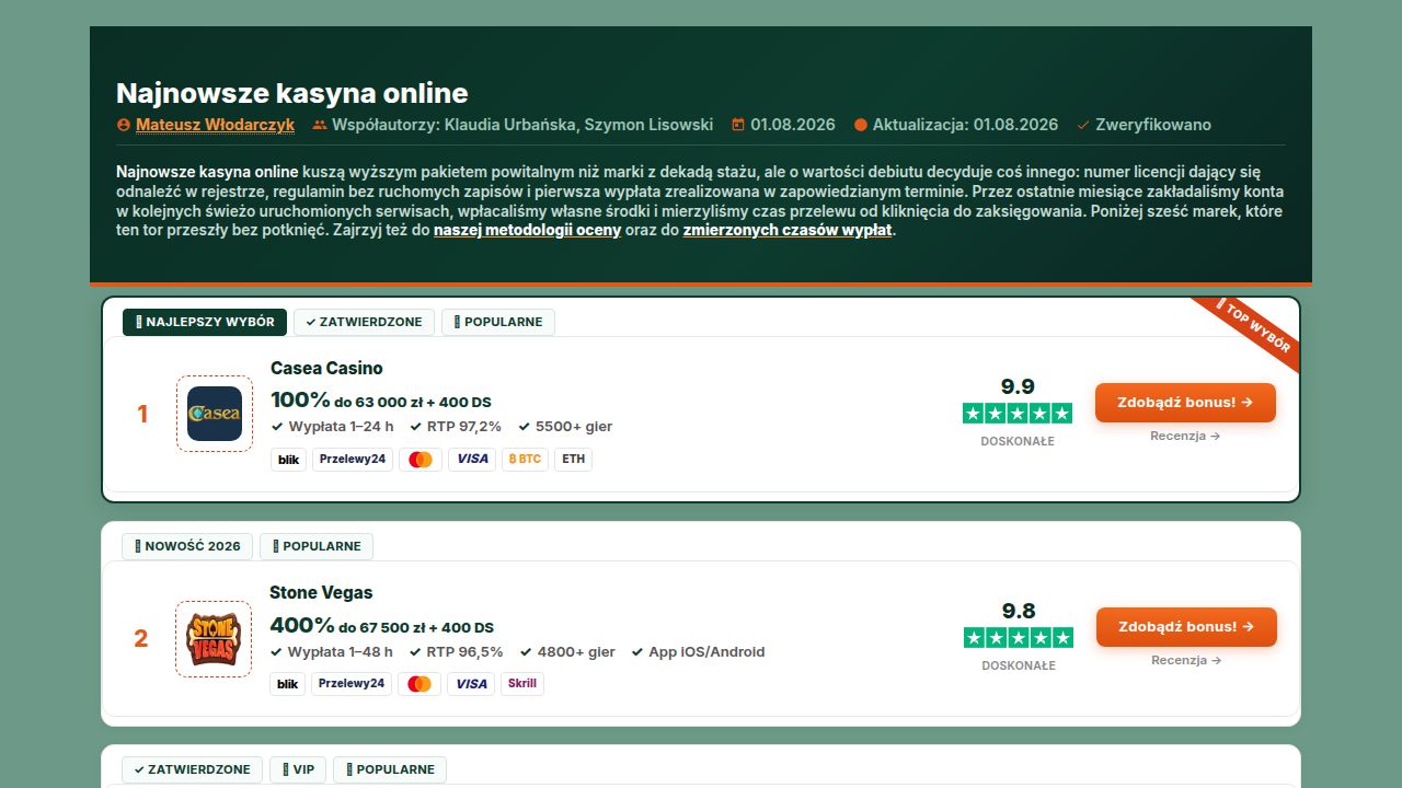 Najnowsze kasyna online 2026 – Aktualna Lista PL