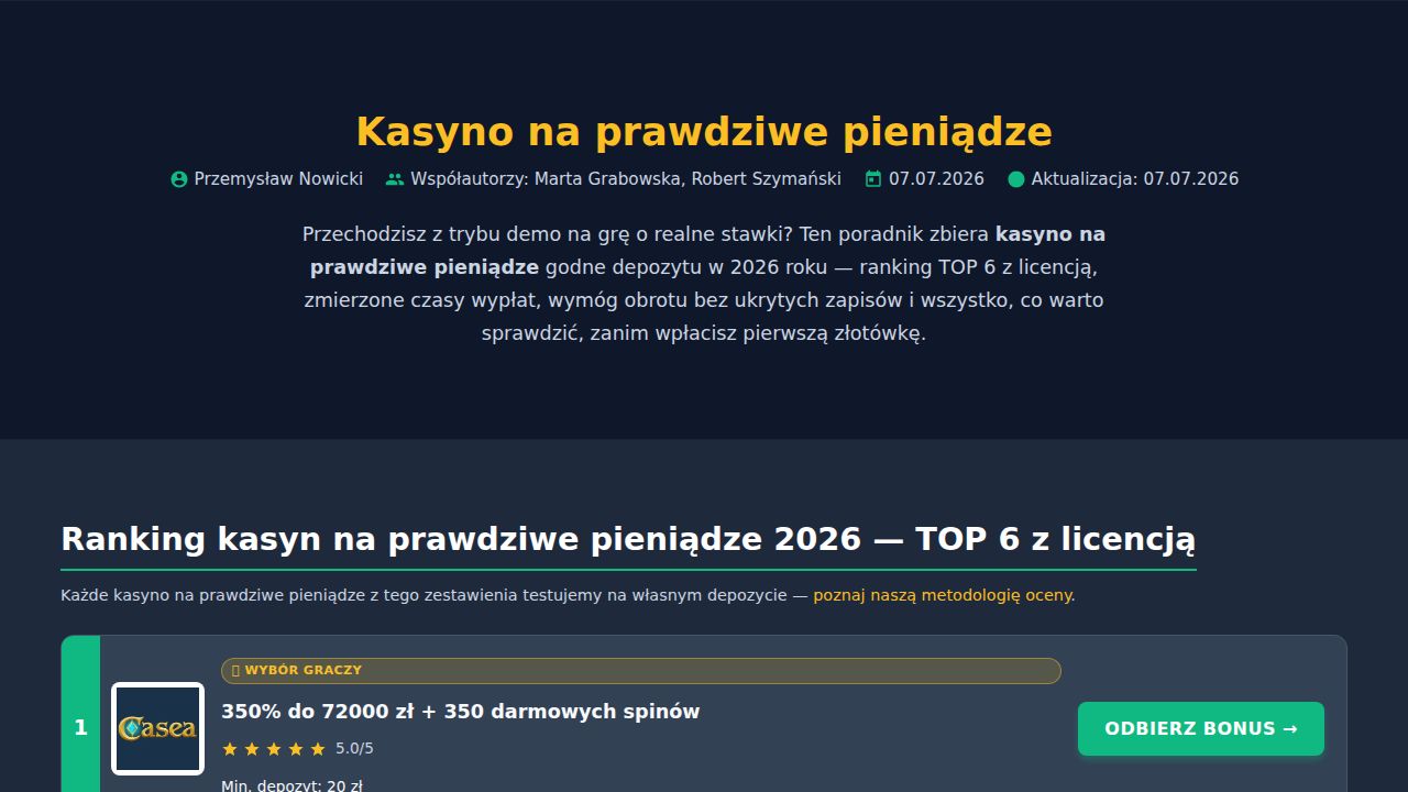 Kasyno na prawdziwe pieniądze 2026: ranking TOP 6 z licencją