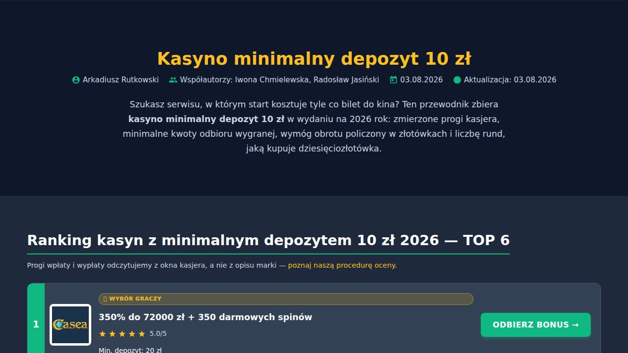 Kasyno minimalny depozyt 10 zł 2026 – TOP 6 realnych progów