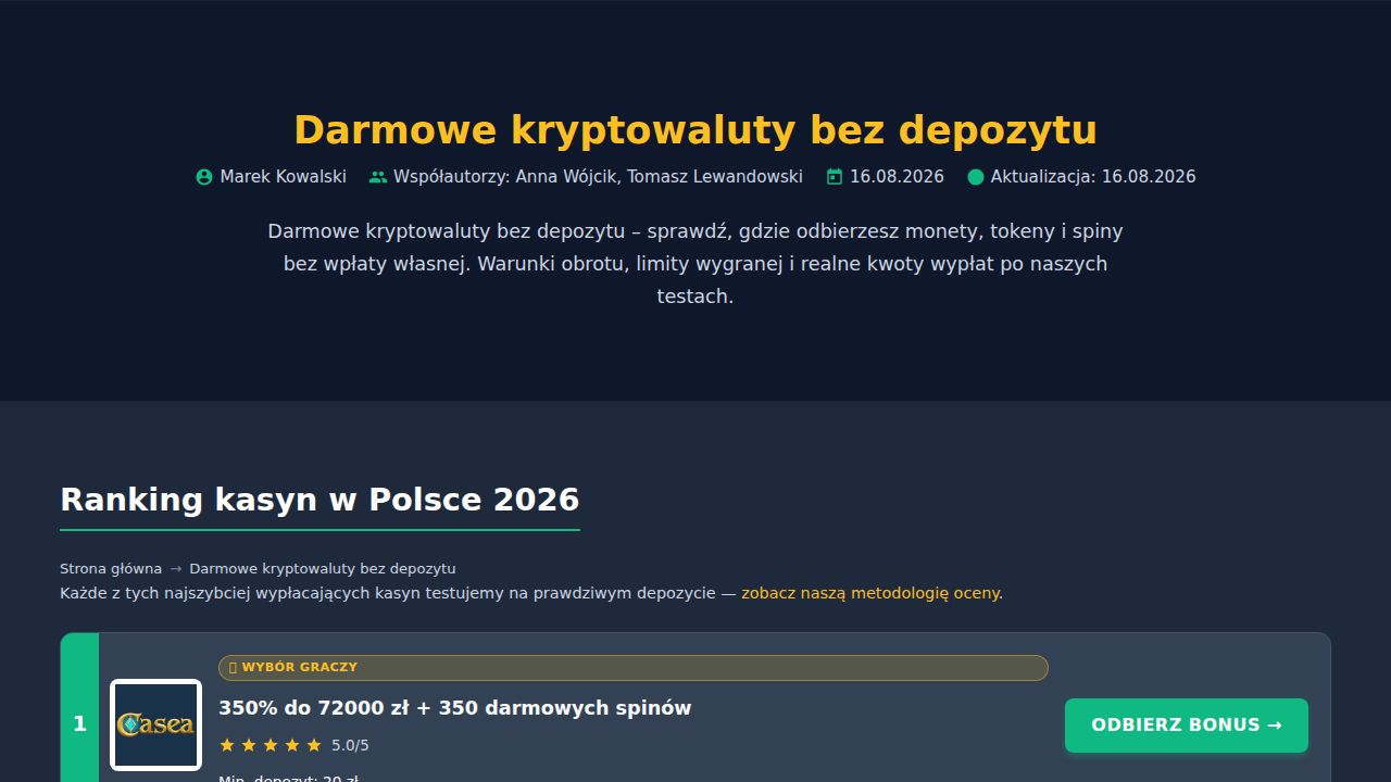 Darmowe kryptowaluty bez depozytu 2026 – ranking i warunki