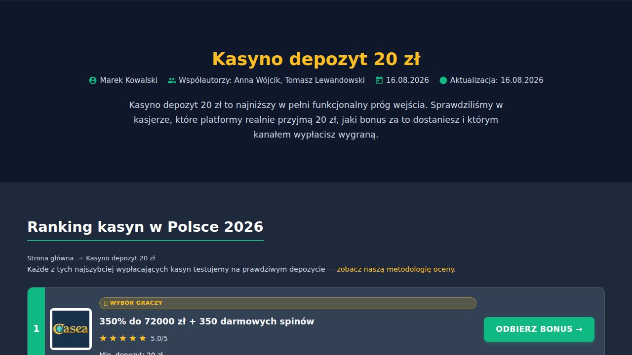 Kasyno depozyt 20 zł 2026 – ranking, bonusy i limity