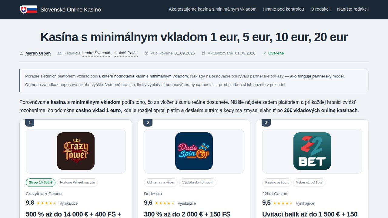 Kasína s minimálnym vkladom 1 €, 5, 10 a 20 eur (2026)