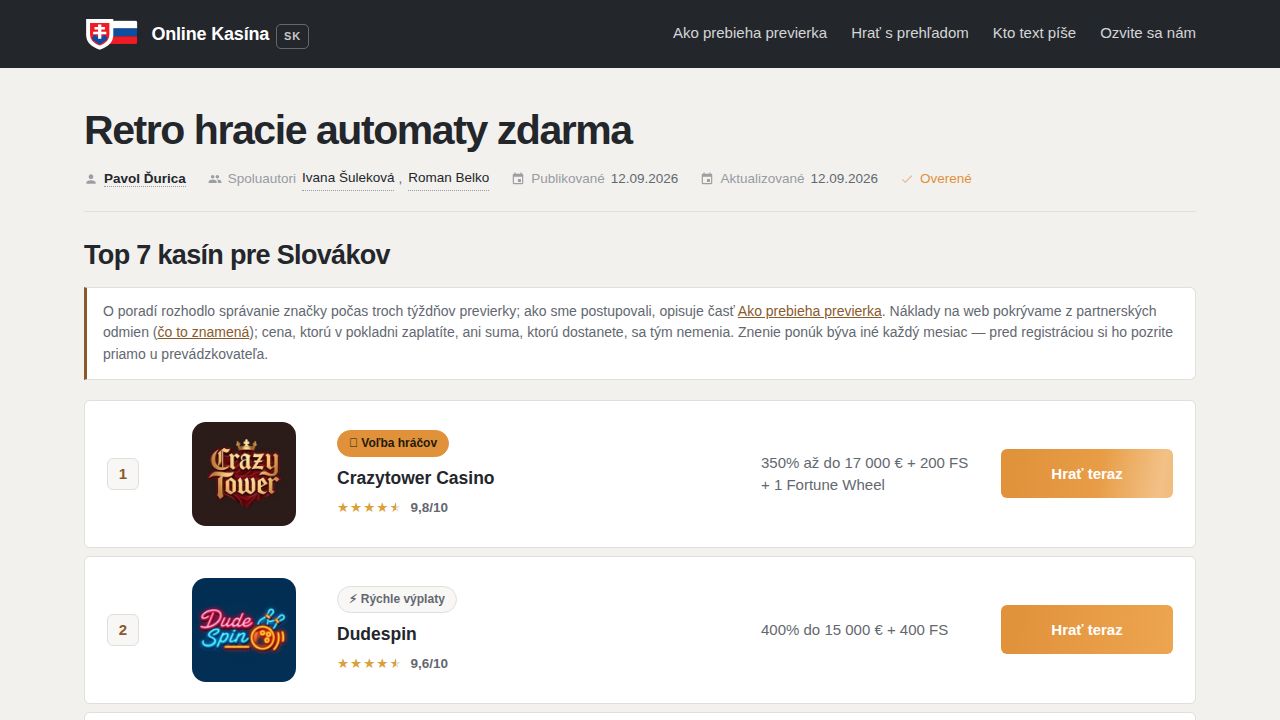 Retro hracie automaty zdarma (2026): demo bez registrácie