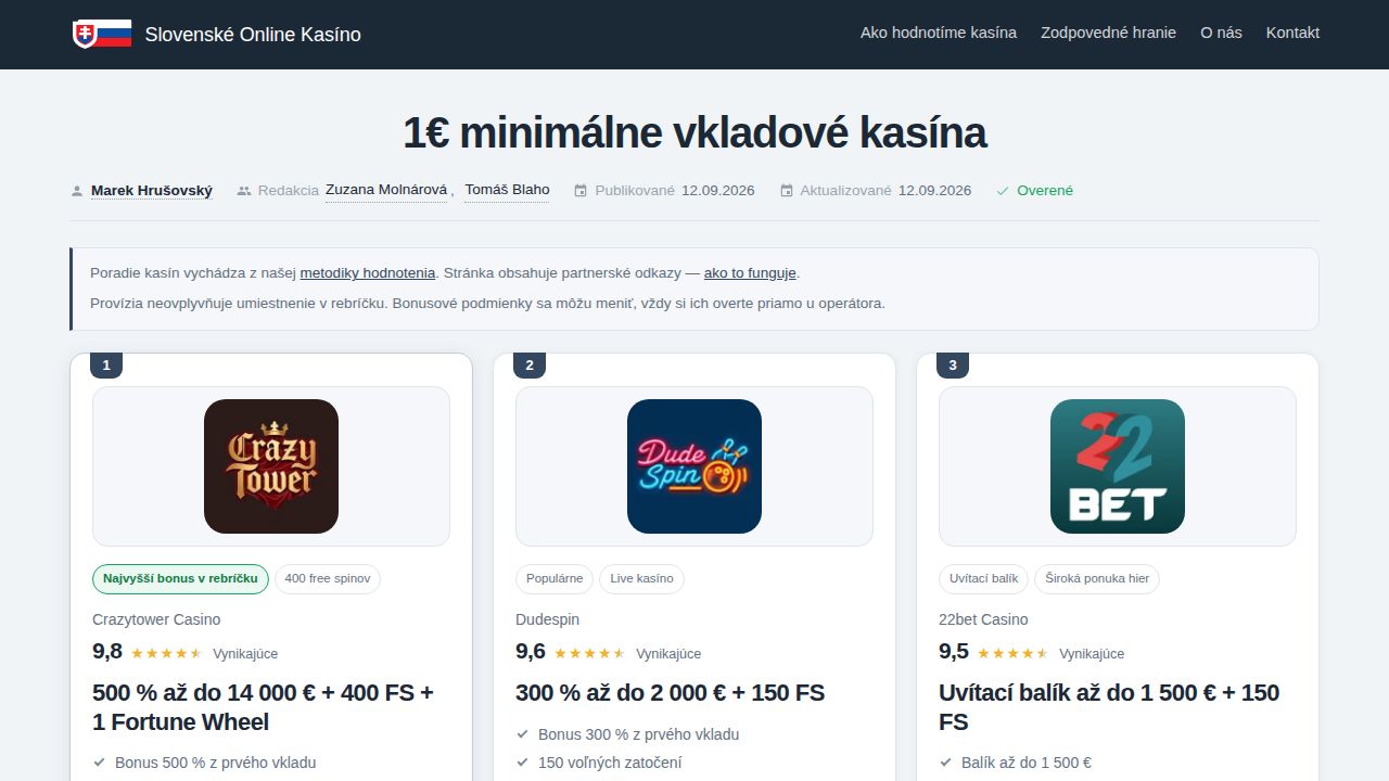1€ minimálne vkladové kasína (2026): platby a licencia