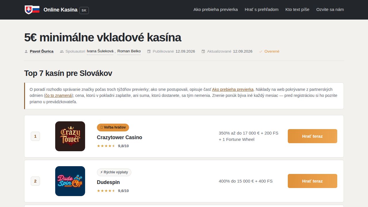 5€ minimálne vkladové kasína (2026): platby a podmienky