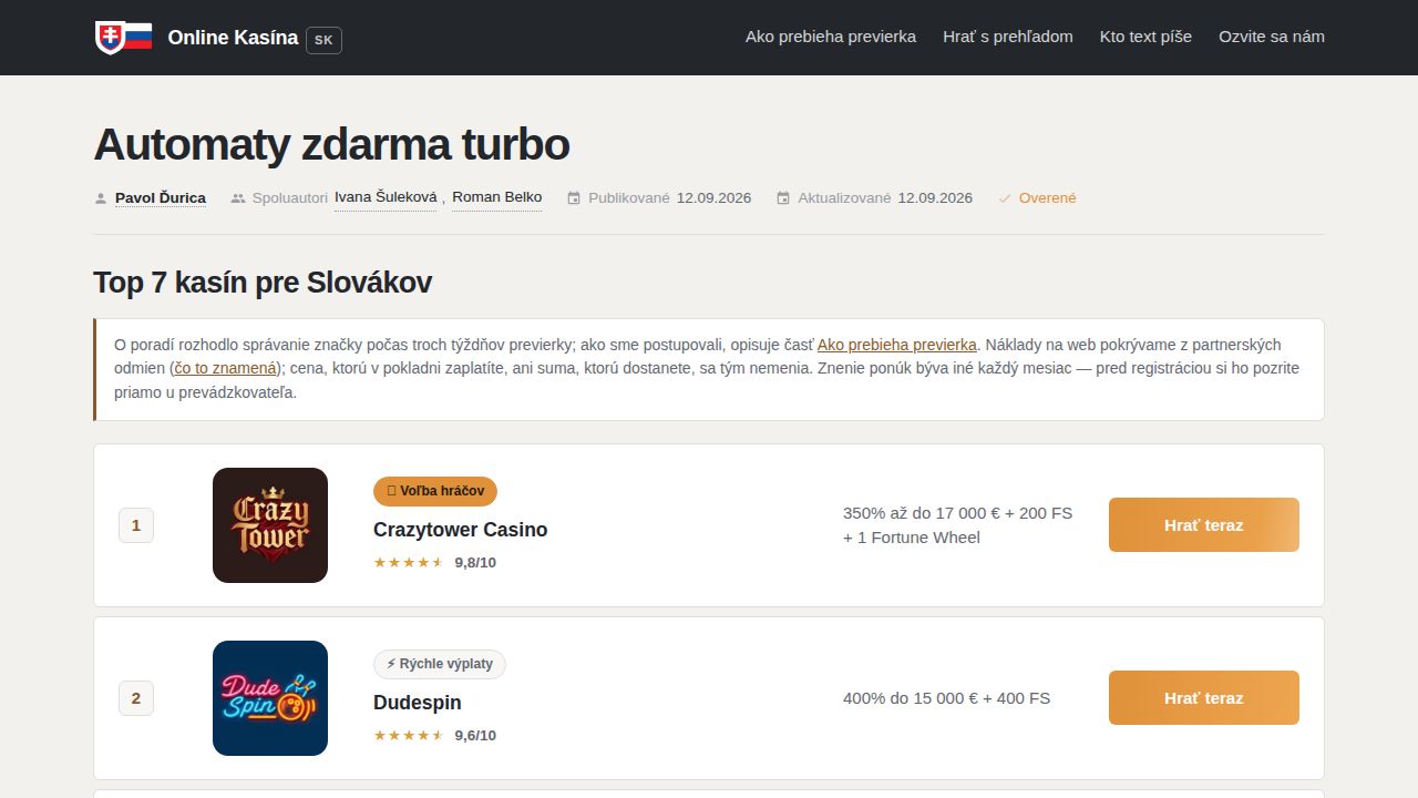 Automaty zdarma turbo (2026): RTP, výrobcovia a demo hra