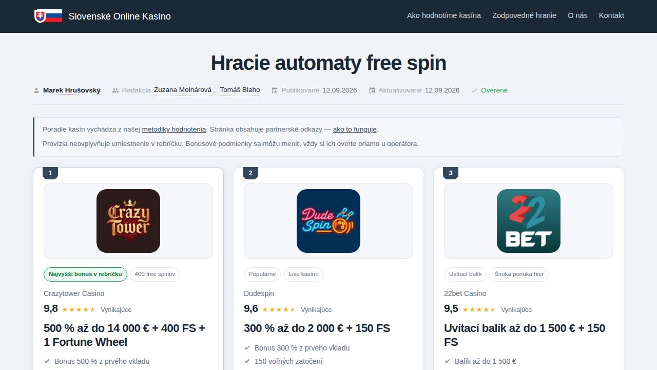 Hracie automaty free spin (2026): ponuka a podmienky
