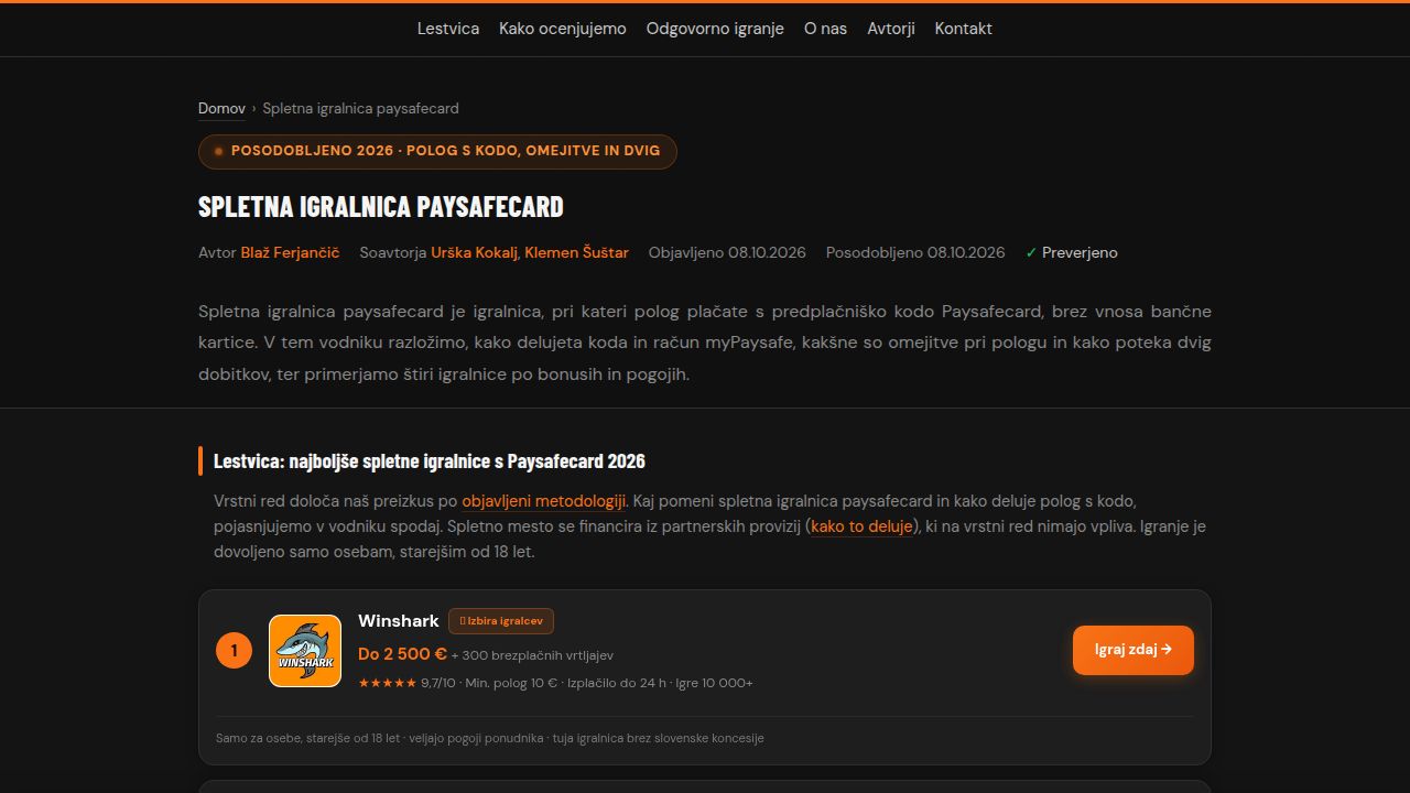 Spletna Igralnica Paysafecard 2026 - Polog s Kodo in Dvig