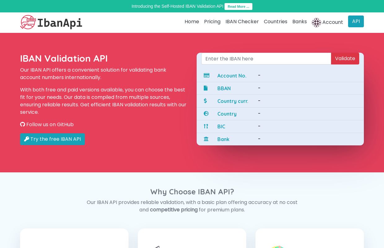 
        Online IBAN Validation API, validate IBAN and get bank information
    