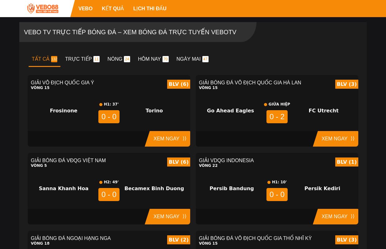 Vebo TV Trực tiếp bóng đá - Xem bóng đá trực tuyến vebotv