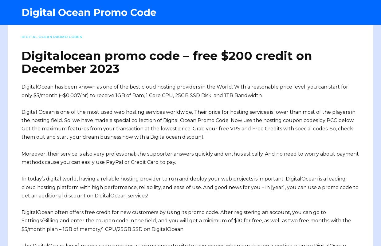 Digitalocean promo code – free $200 credit on December 2023