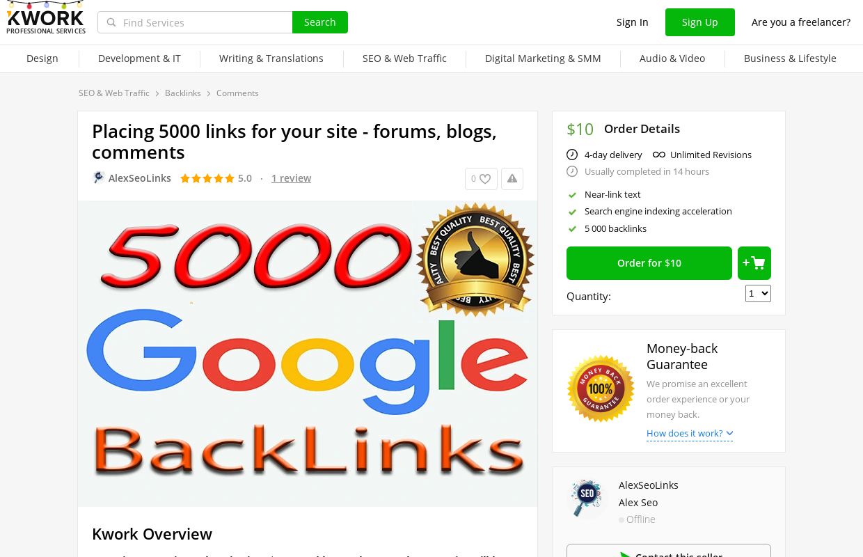 Placing 5000 links for your site - forums, blogs, comments for $10, freelancer Alex Seo (AlexSeoLinks) – Kwork