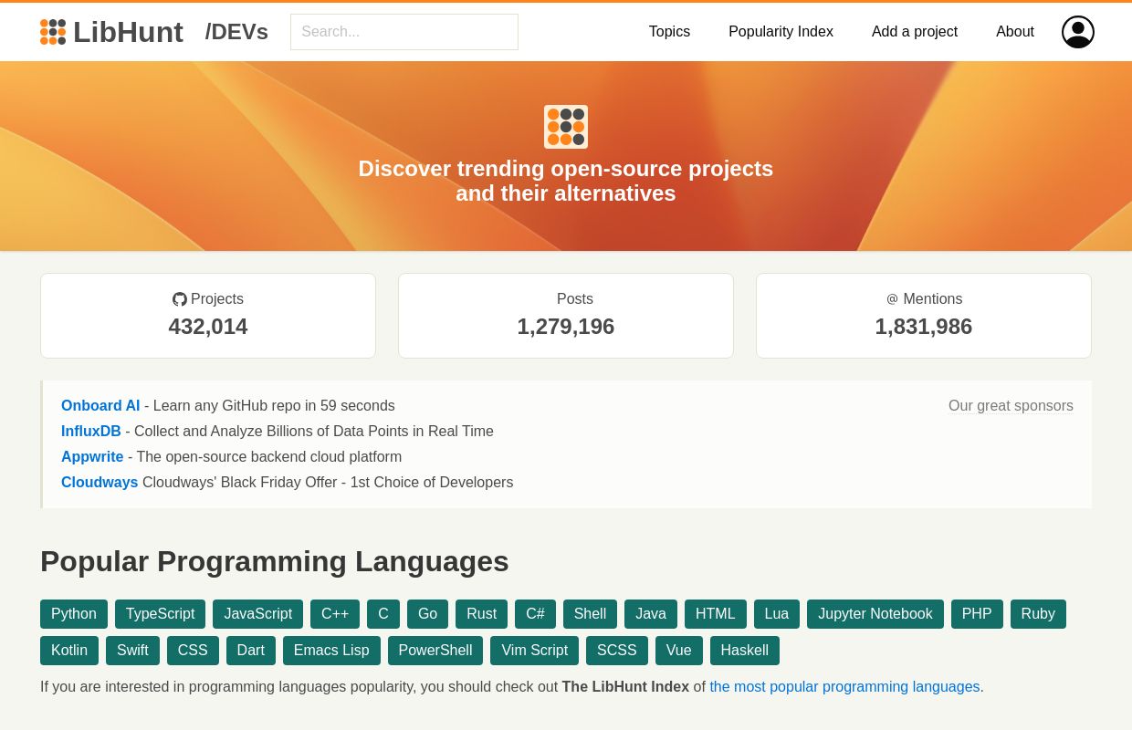 LibHunt - Trending open-source projects and their alternatives