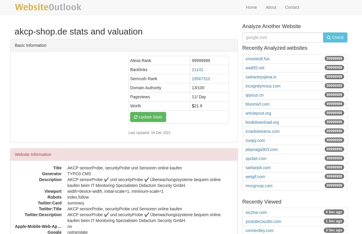 Akcp-shop : AKCP sensorProbe, securityProbe und Sensoren online kaufen Website stats and valuation