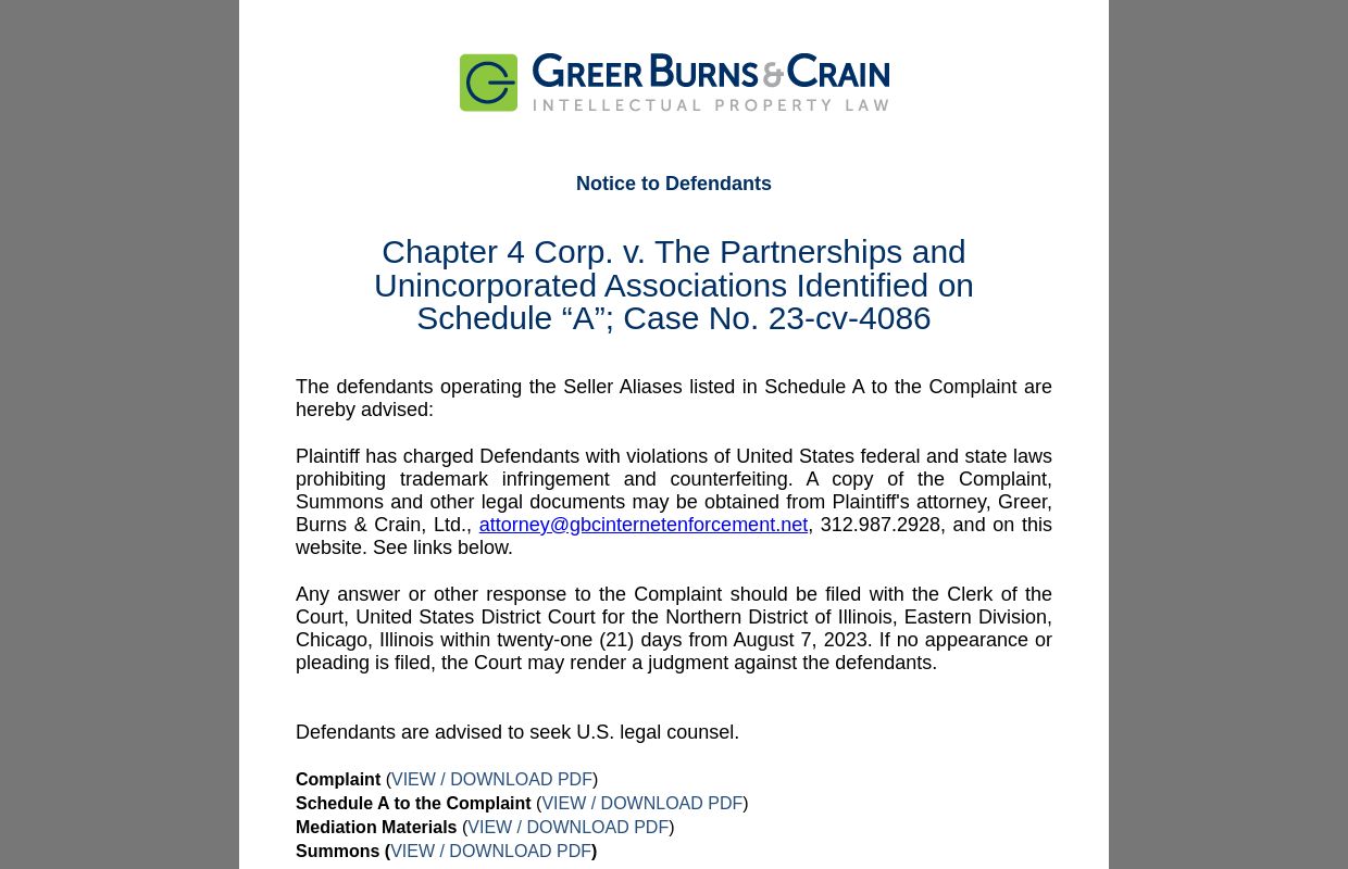 Chapter 4 Corp. v. The Partnerships and Unincorporated Associations Identified on Schedule “A”; Case No. 23-cv-4086 | Greer, Burns & Crain, Ltd.