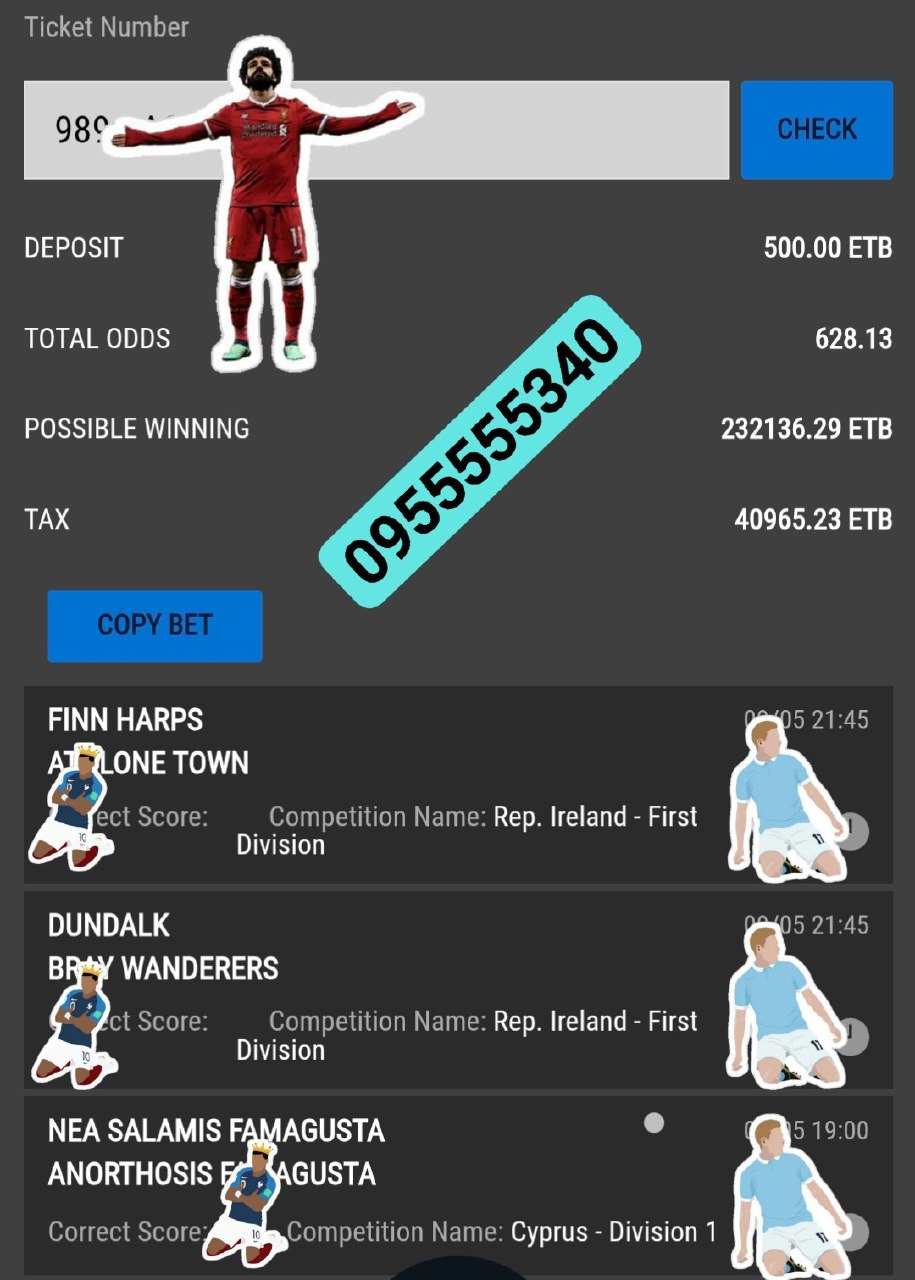 Ticket Number

CHECK

DEPOSIT 500.00 ETB

TOTAL ODDS 628.13

POSSIBLE WINNING ky 232136.29 ETB
Cs 40