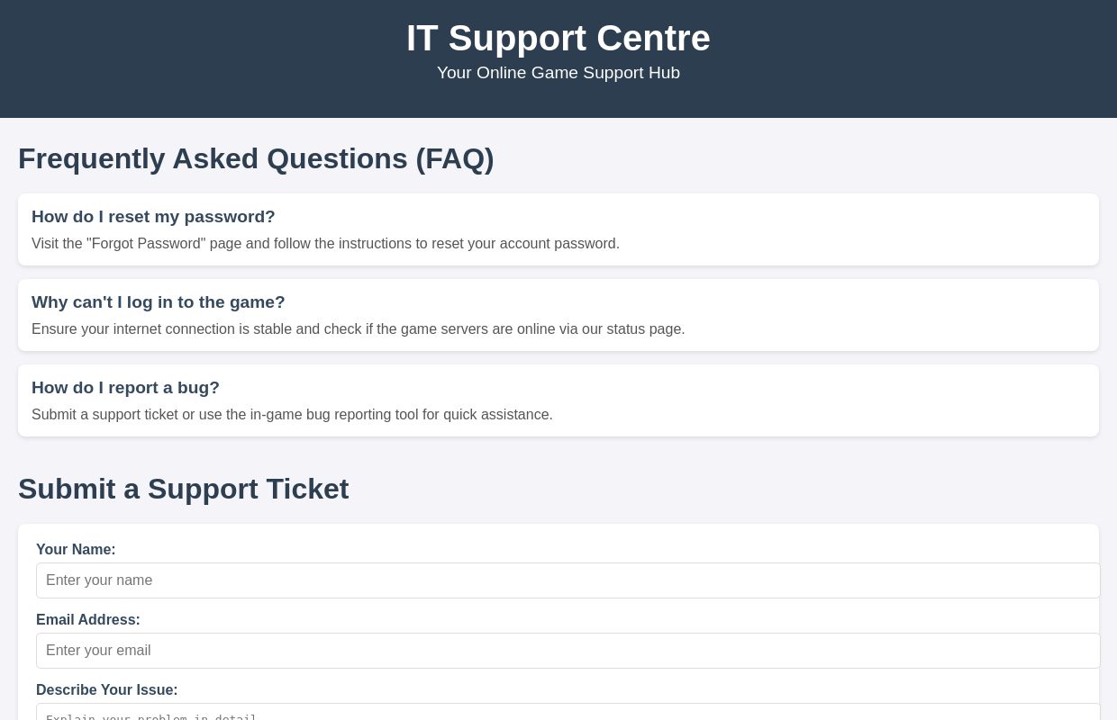 IT Support Centre - Online Game