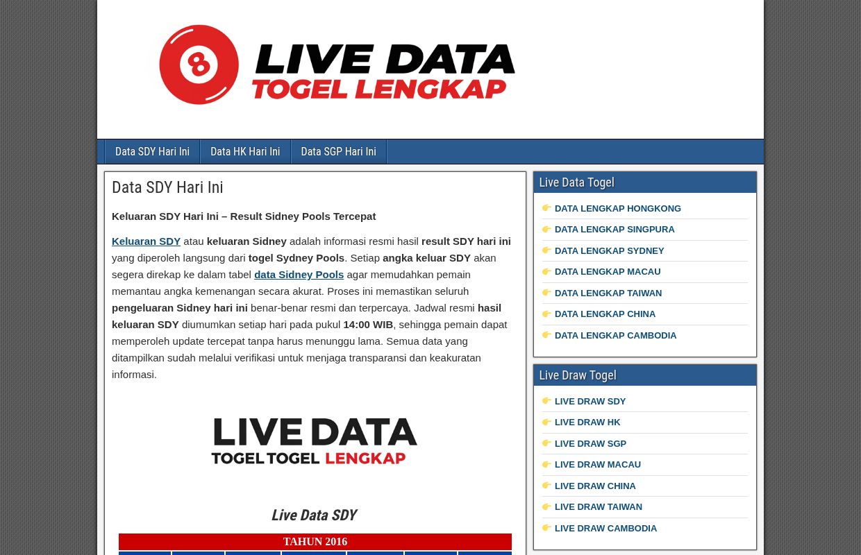 Live Data SDY – Data SDY Hari Ini – Dapatkan informasi paling lengkap seputar SDY Pools mulai dari keluaran Sidney hari ini, update result live SDY tercepat, hingga rangkuman data SDY Prize resmi. Semua hasil pengeluaran disajikan real-time,